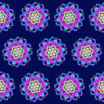 Illustration raster seamless pattern of mandalas in shiny glowing lilac color on Stock Illustration