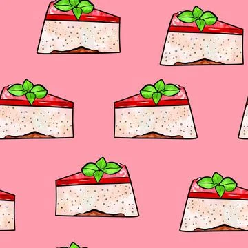 Illustration raster seamless pattern piece of cake souffle pink color decorated Stock Illustration