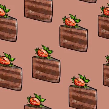Illustration raster seamless pattern piece of brown chocolate cake decorated Stock Illustration