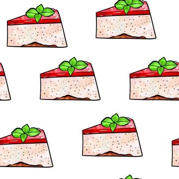 Illustration raster seamless pattern piece of cake souffle pink color decorated Stock Illustration