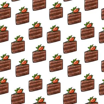 Illustration raster seamless pattern piece of brown chocolate cake decorated Stock Illustration