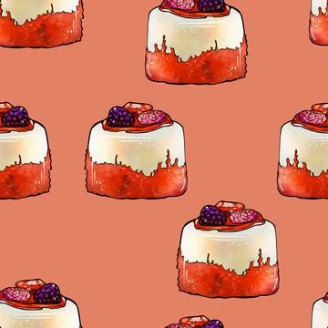 Illustration raster seamless pattern round orange color cake decorated with Stock Illustration