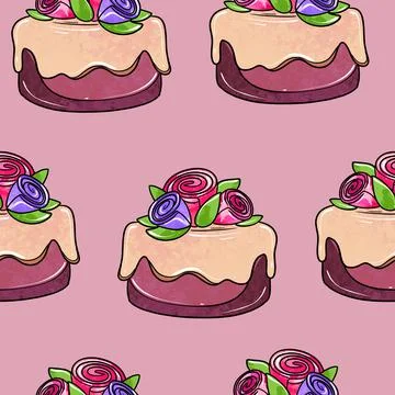 Illustration raster seamless pattern round purple color cake decorated with Stock Illustration