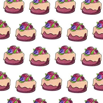 Illustration raster seamless pattern round purple color cake decorated with Stock Illustration