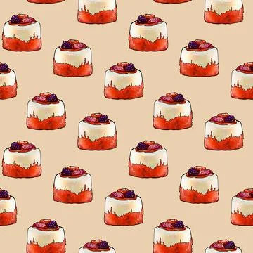 Illustration raster seamless pattern round orange color cake decorated with Stock Illustration