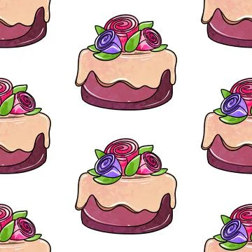 Illustration raster seamless pattern round purple color cake decorated with Stock Illustration