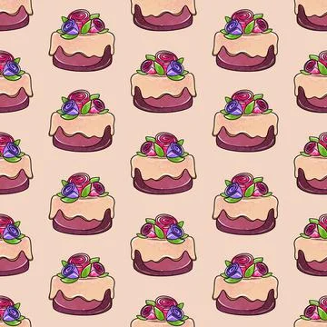 Illustration raster seamless pattern round purple color cake decorated with Stock Illustration