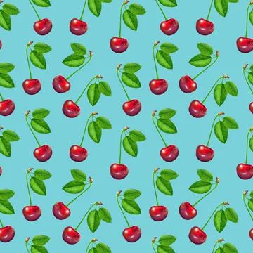 Illustration realism seamless pattern berry vinous cherry with green leaf on a Stock Illustration