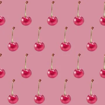 Illustration realism seamless pattern berry red cherry on a light pink Stock Illustration