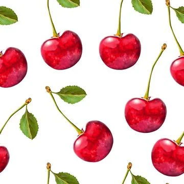 Illustration realism seamless pattern berry red cherry with green leaf on a Stock Illustration
