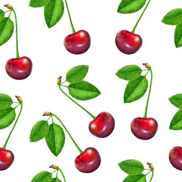 Illustration realism seamless pattern berry vinous cherry with green leaf on a Stock Illustration