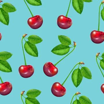 Illustration realism seamless pattern berry vinous cherry with green leaf on a Stock Illustration