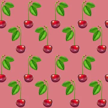 Illustration realism seamless pattern berry vinous cherry with green leaf on a Stock Illustration