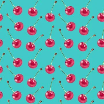 Illustration realism seamless pattern berry red cherry on a blue green Stock Illustration