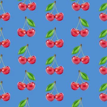 Illustration realism seamless pattern berry red cherry with green leaf on a blue Stock Illustration