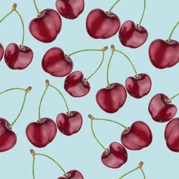 Illustration realism seamless pattern berry burgundy cherry on a light blue Stock Illustration