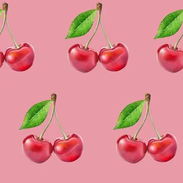 Illustration realism seamless pattern berry red cherry with green leaf on a pink Stock Illustration