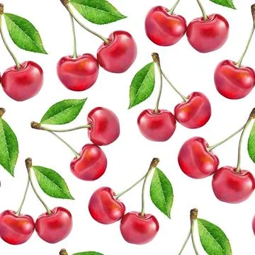 Illustration realism seamless pattern berry red cherry with green leaf on a Stock Illustration