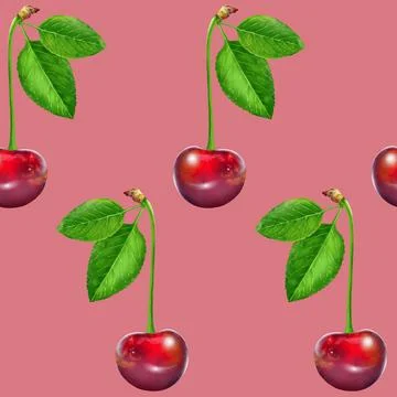 Illustration realism seamless pattern berry vinous cherry with green leaf on a Stock Illustration