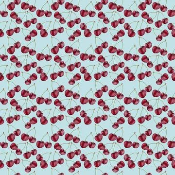 Illustration realism seamless pattern berry burgundy cherry on a light blue Stock Illustration