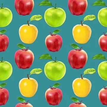 Illustration realism seamless pattern fruit apple of different colors on a blue Stock Illustration