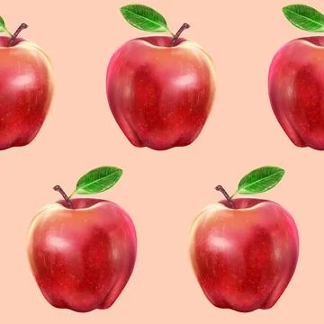 Illustration realism seamless pattern fruit apple red color on a light pink Stock Illustration