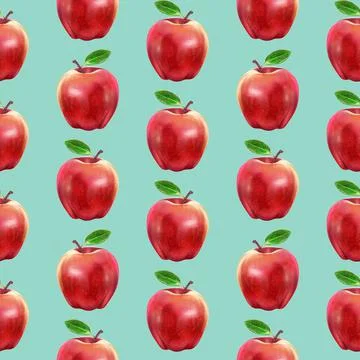 Illustration realism seamless pattern fruit apple red color on a light blue Stock Illustration