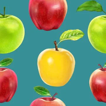 Illustration realism seamless pattern fruit apple of different colors on a blue Stock Illustration