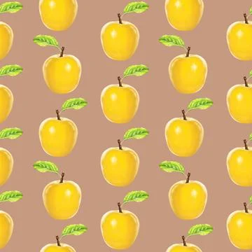 Illustration realism seamless pattern fruit apple yellow color on a light brown Stock Illustration
