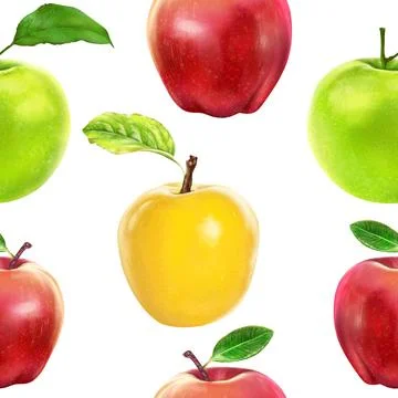 Illustration realism seamless pattern fruit apple of different colors on a white Stock Illustration