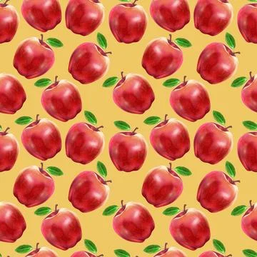 Illustration realism seamless pattern fruit apple red color on yellow background Stock Illustration