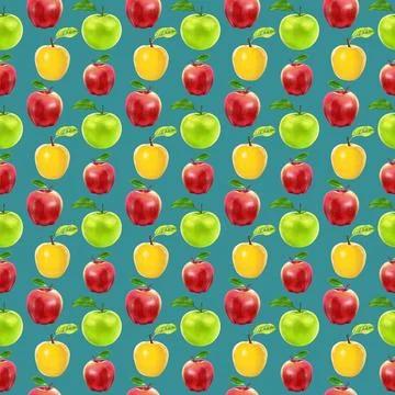 Illustration realism seamless pattern fruit apple of different colors on a blue Stock Illustration