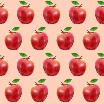 Illustration realism seamless pattern fruit apple red color on a light pink Stock Illustration