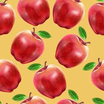Illustration realism seamless pattern fruit apple red color on yellow background Stock Illustration