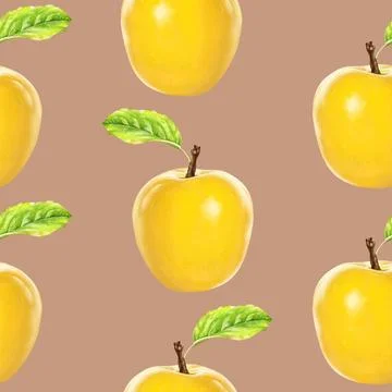 Illustration realism seamless pattern fruit apple yellow color on a light brown Stock Illustration