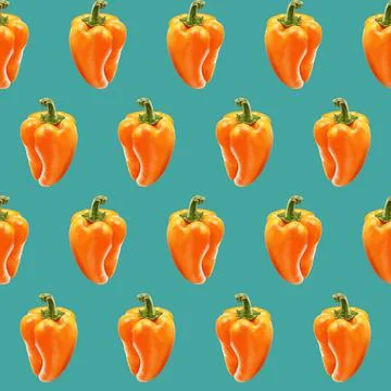Illustration realism seamless pattern vegetable paprika orange color on a blue Stock Illustration