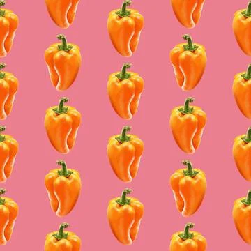 Illustration realism seamless pattern vegetable paprika orange color on a blue Stock Illustration