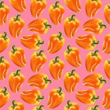 Illustration realism seamless pattern vegetable paprika orange color on a blue Stock Illustration