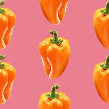 Illustration realism seamless pattern vegetable paprika orange color on a blue Stock Illustration