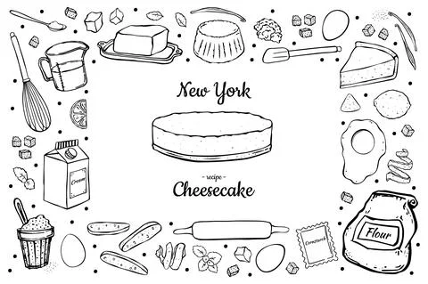 Illustration rectangular frame cheesecake and ingredients for cooking isolate Stock Illustration