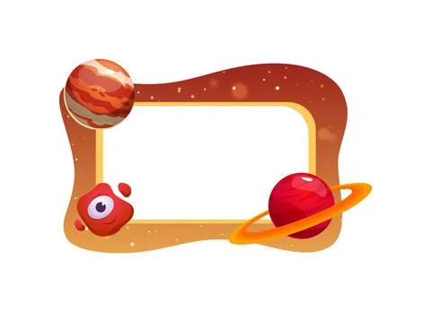 Illustration of a rectangular frame with space theme with planets and an alien. Illustrazione stock