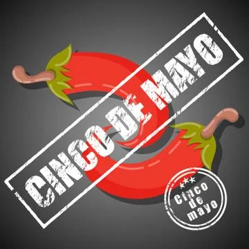 Illustration of red chili peppers with a rectangular and a round seal on the Stock Illustration