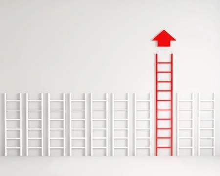 An illustration of a red step ladder under a red arrow showing up among white Stock Illustration