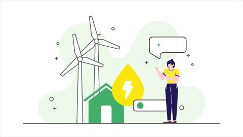 Illustration of renewable energy concept with wind turbines solar power and Stock Footage 283612217