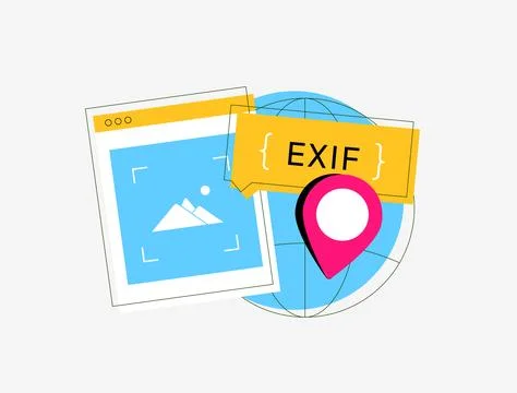 Illustration that represents the concept of EXIF data, featuring a digital photo Stock Illustration