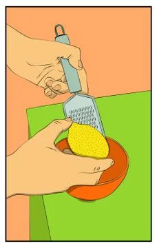 Illustration of a Retro comic book cook hands grating zest of lemon on kitche Stock Illustration