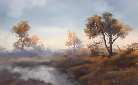 Illustration of a river flowing through the forest under the blue sky in autumn Ilustração Stock