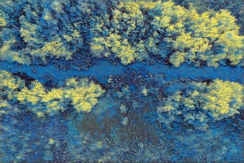 Illustration of the river in the thickets of trees - van Gogh color scheme Stock Illustration