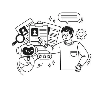 Illustration of Robot and Human Evaluating Documents Illustrazione stock