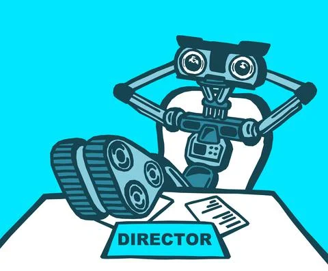 Illustration of robot sitting behind the table as director. Metaphor of fourt Stock Illustration